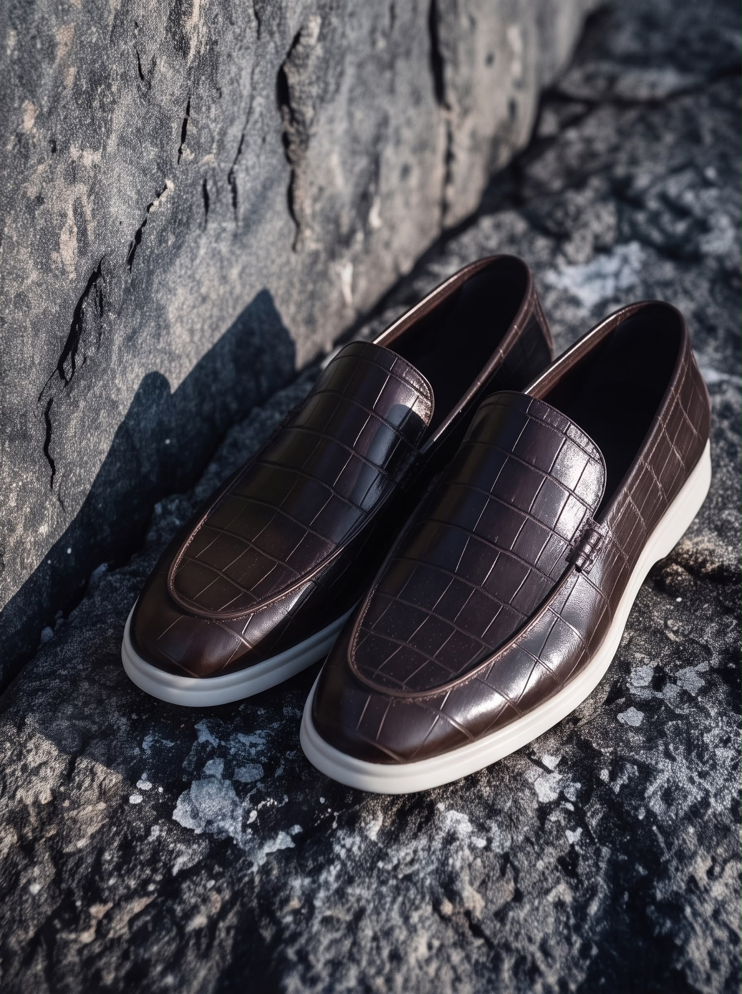Chocolate croc-embossed loafers on rock