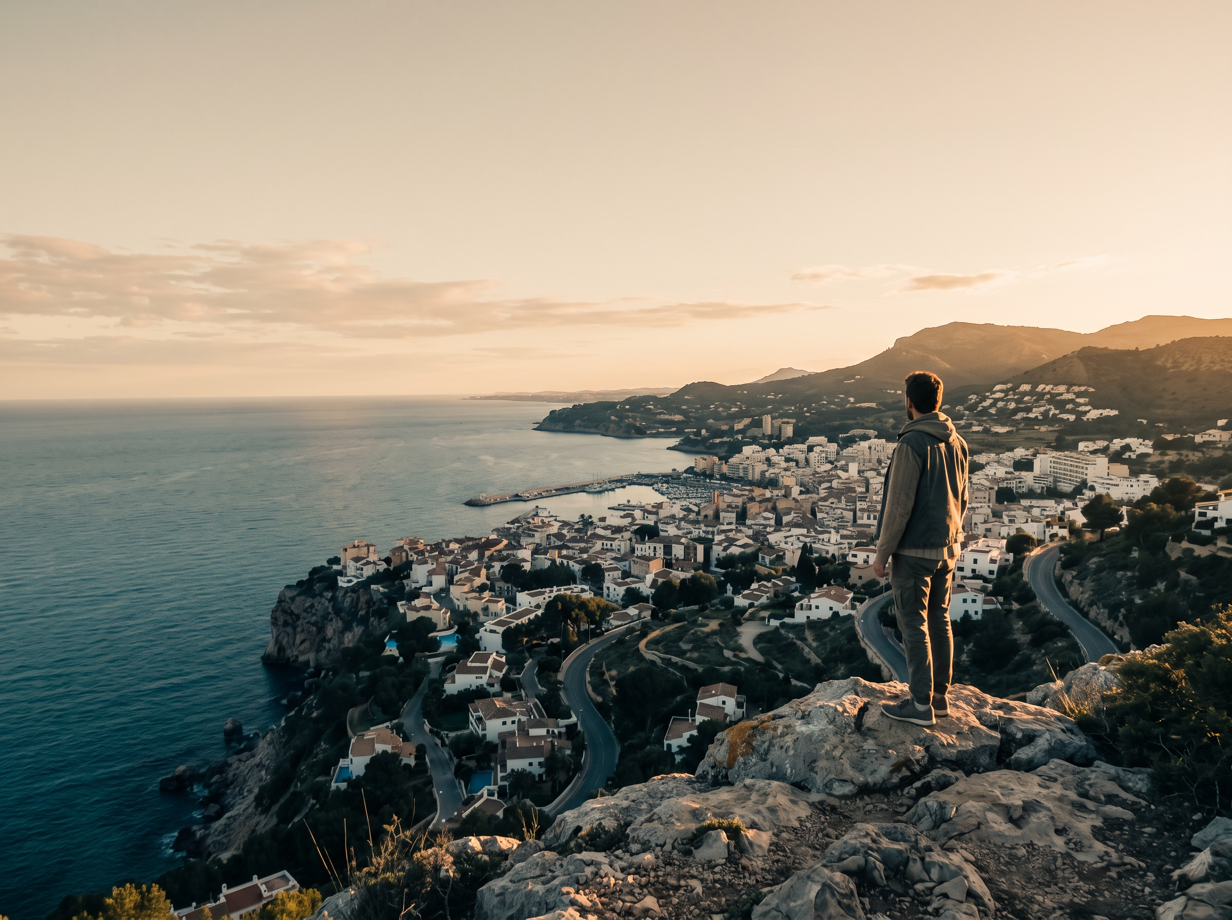 Traveler overlooking a coastal town in morning light