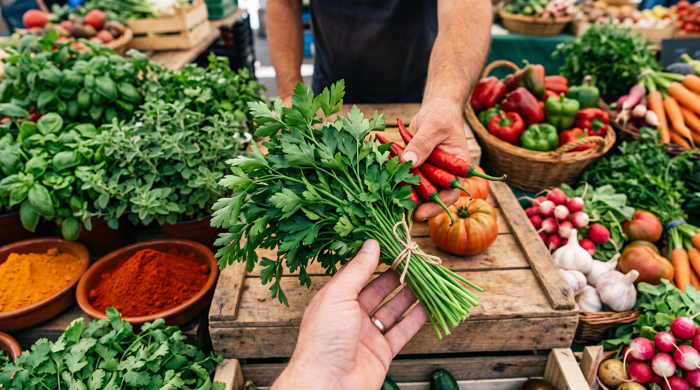 Fresh herbs and ingredients at a market