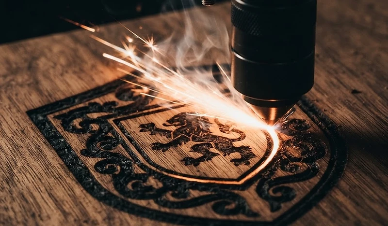 Laser engraving the JL monogram into dark material