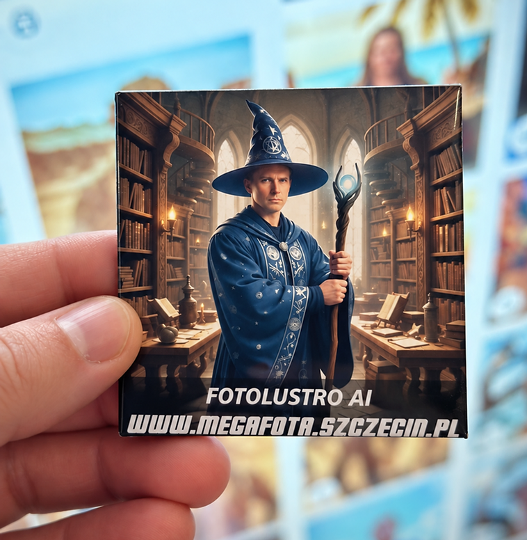 Fotomagnes MegaFota 63,5 × 63,5 mm ze zdjęciem ze stylizacją AI Fotolustra, trzymany w dłoniach