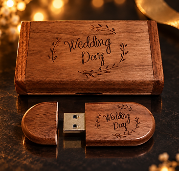 Drewniany pendrive z pudełeczkiem i napisem Wedding Day