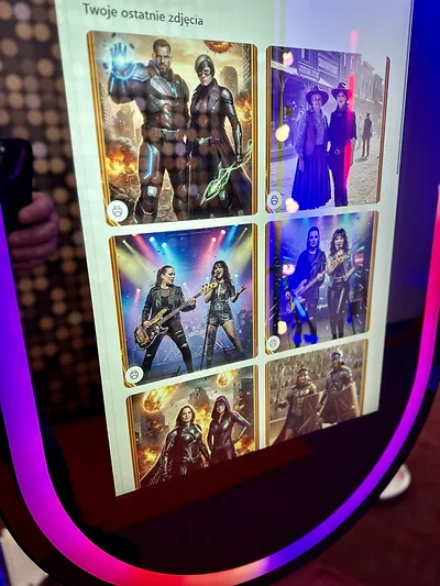 Galeria ostatnich stylizacji AI na ekranie Fotobudki AI