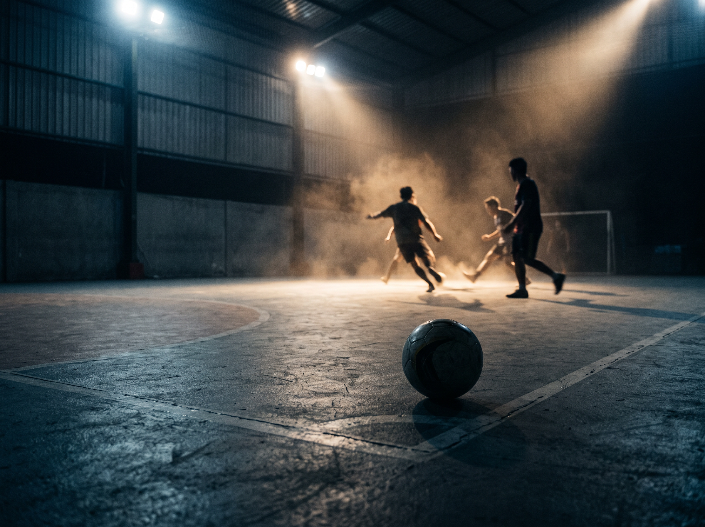 Jogadores disputando bola em quadra de futsal iluminada à noite