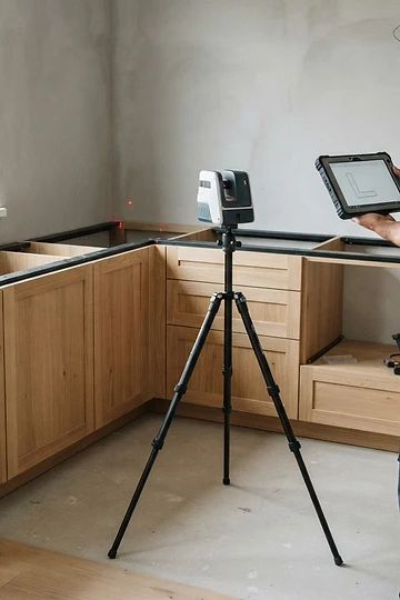 Fachpersonal nimmt die Maße einer Küchenarbeitsplatte mit digitalem Lasermessgerät auf