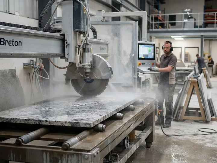 CNC-Brückensäge beim Zusägen eines Natursteinblocks