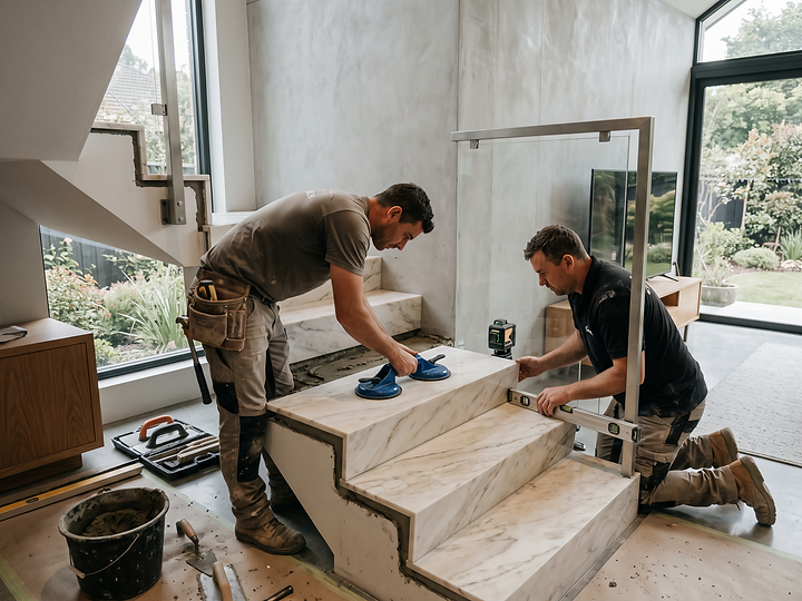 Zwei Handwerker verlegen eine maßgefertigte Naturstein-Innentreppe