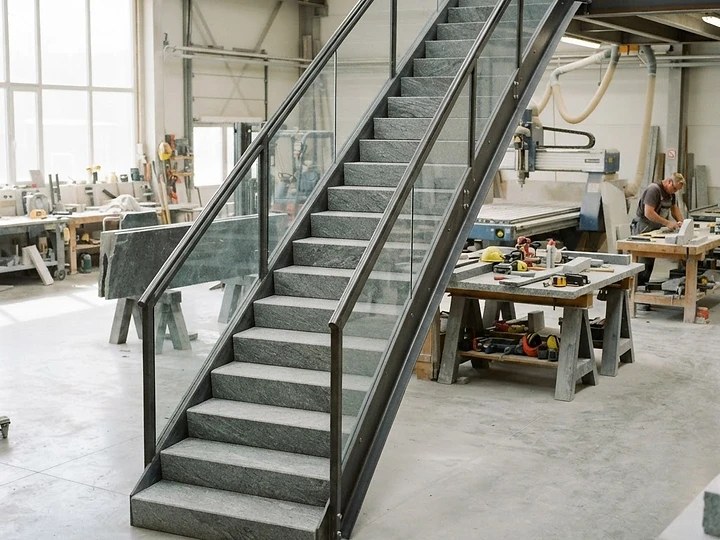 Fertige Natursteintreppe mit millimetergenau gefrästen Stufen