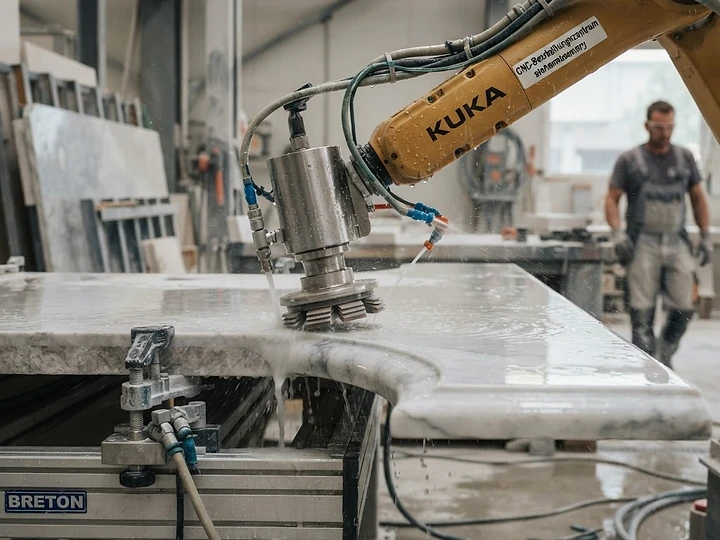 CNC-Poliermaschine bearbeitet eine Natursteinkante