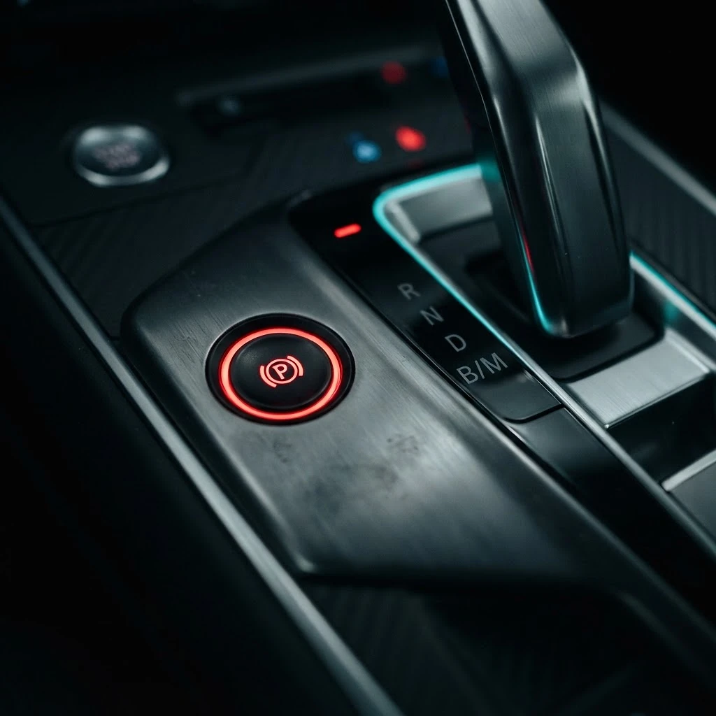 Macro view of the illuminated red PARK button beside the gear selector