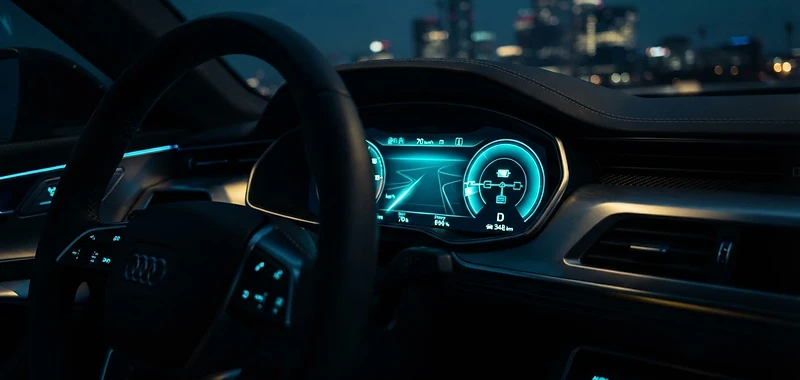Electric vehicle cockpit glowing with cyan instrument lighting at dusk