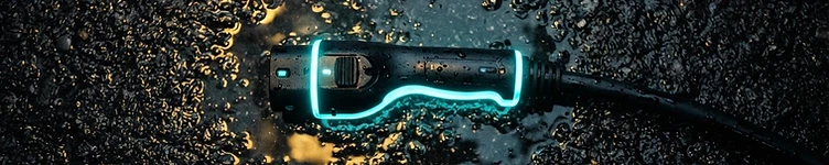 Glowing electric vehicle charging connector on dark wet asphalt
