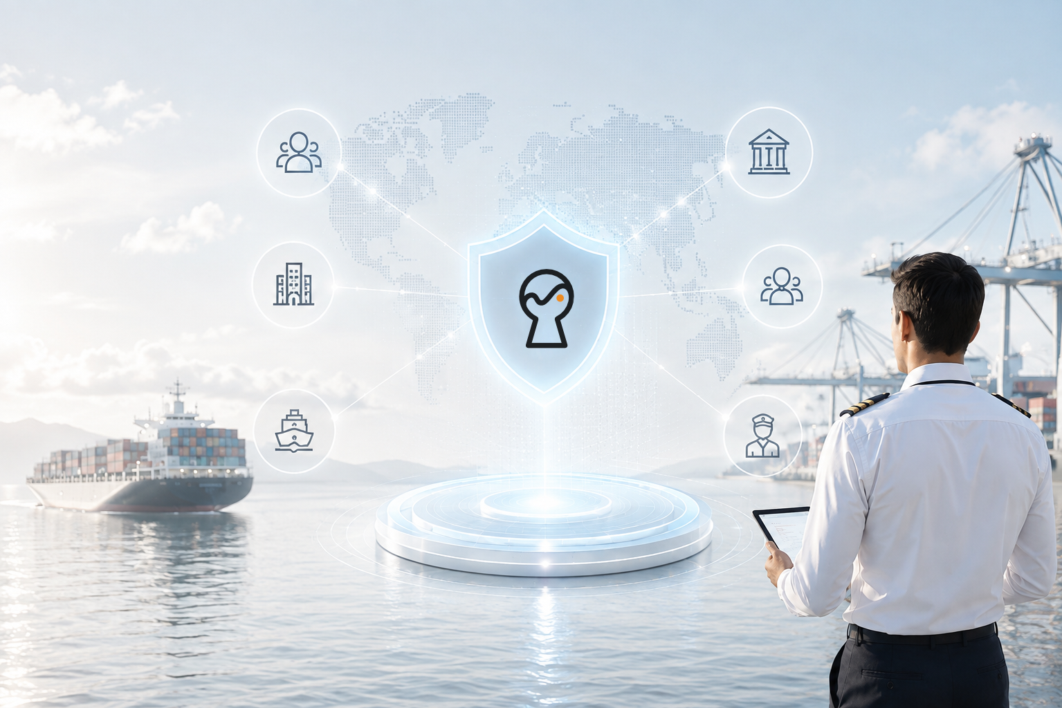 LEDGID product hero — maritime professional with secure connected digital identity