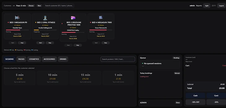 XTan live POS dashboard — real-time bed status, sessions, cart and queue