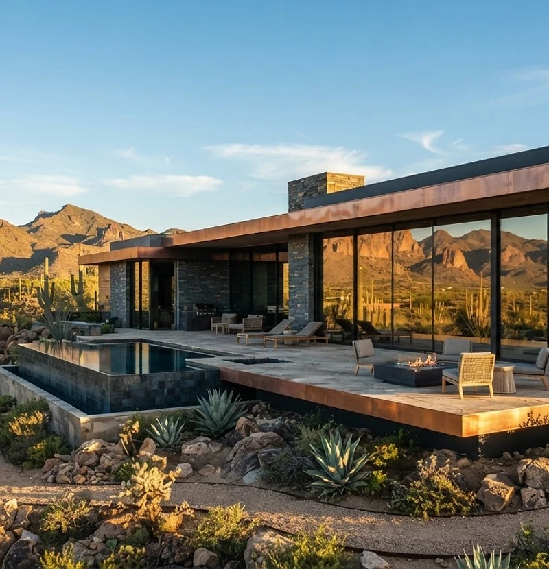 Arizona luxury desert modern home at golden hour
