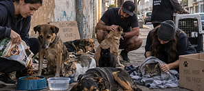 Voluntários cuidando de cães e gatos na rua