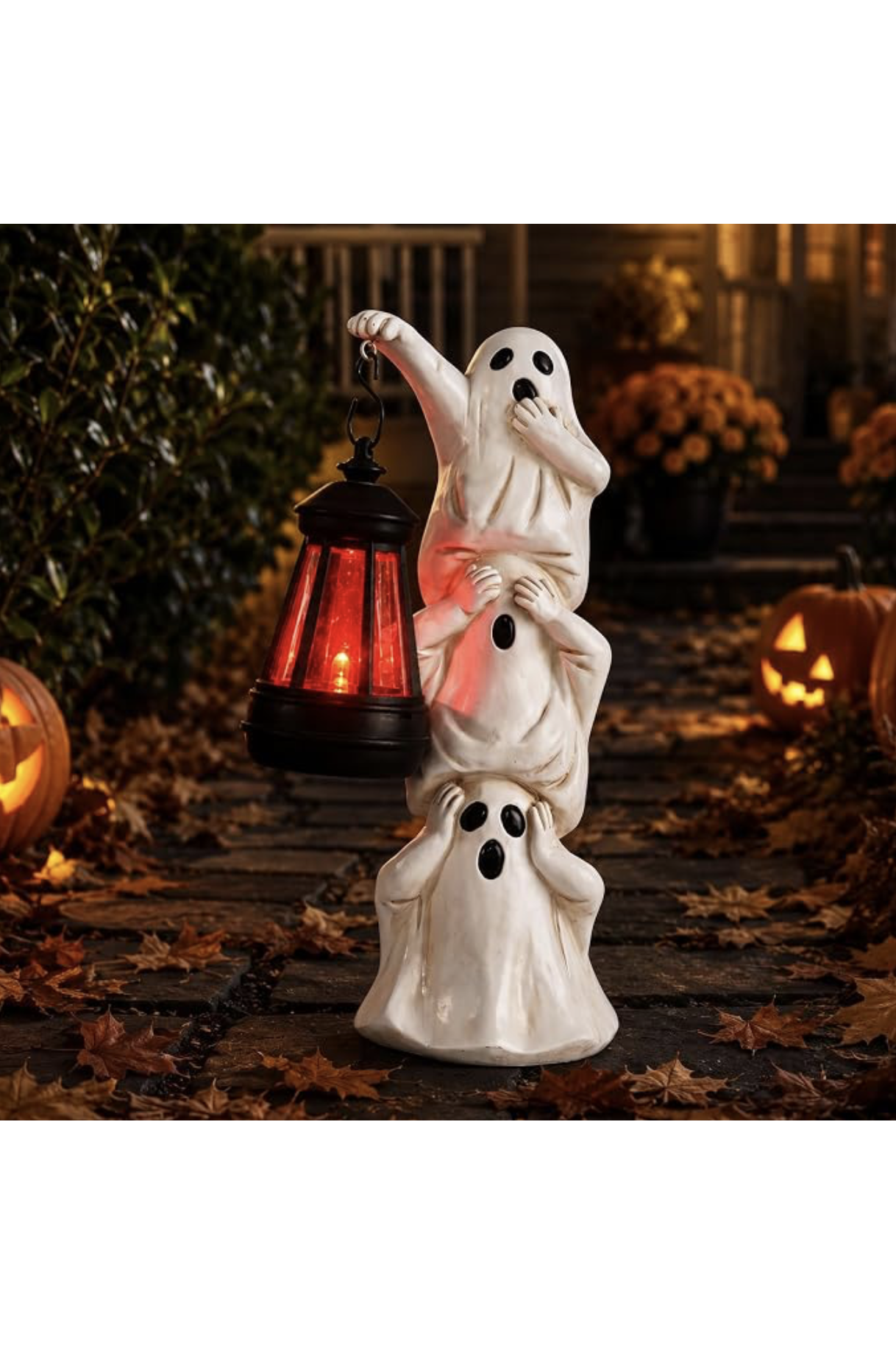 Stacked ghost trio outdoor Halloween figure holding a glowing red lantern