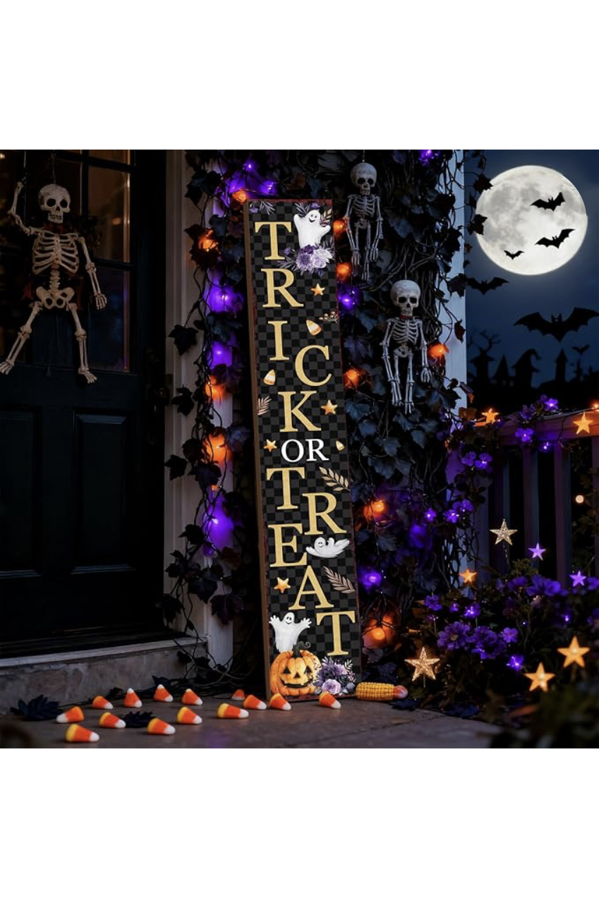 Trick or Treat porch sign with ghosts, pumpkin, and skeletons