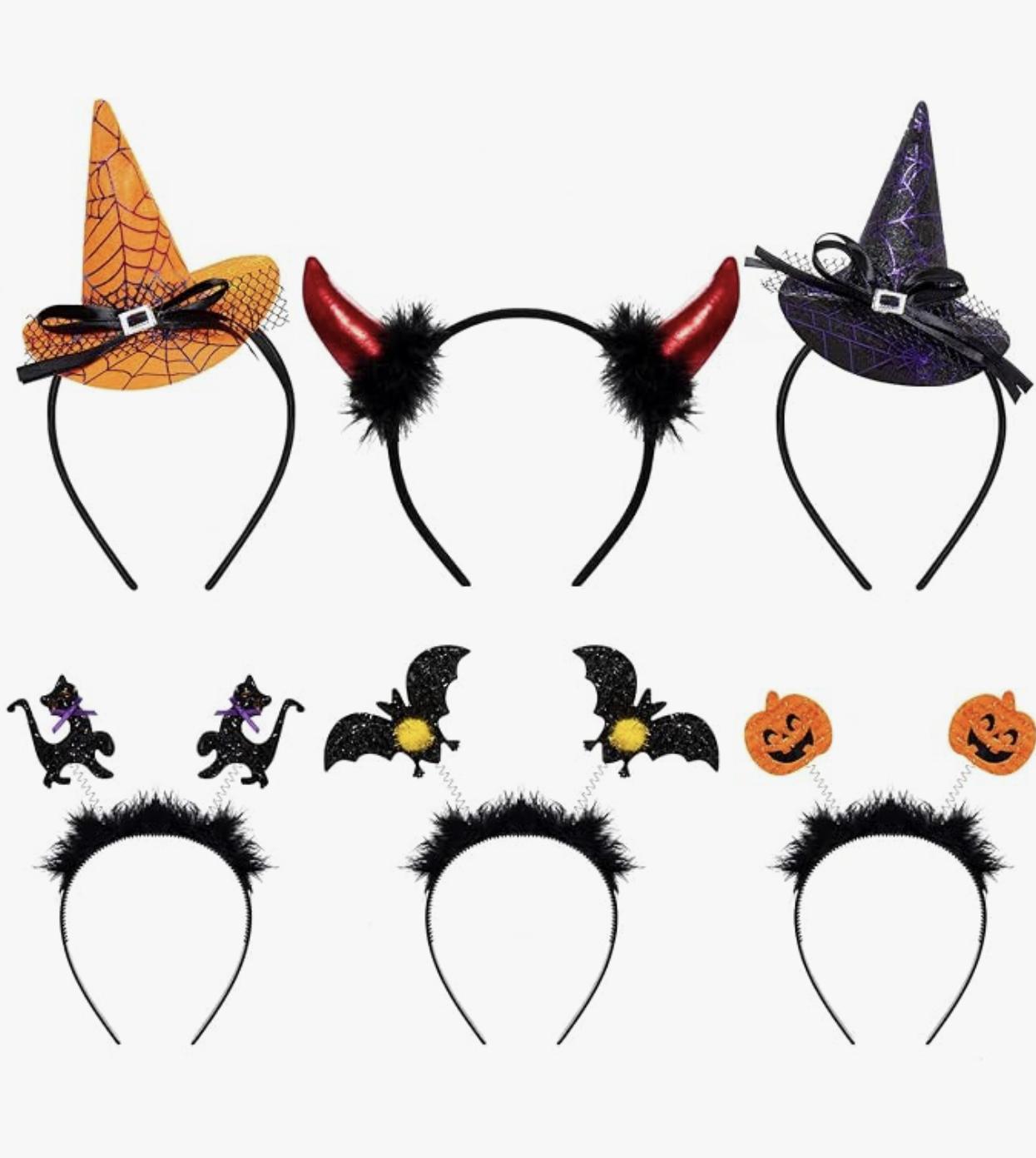 Six-pack of Halloween headbands with witch hats, devil horns, cats, bats and pumpkins