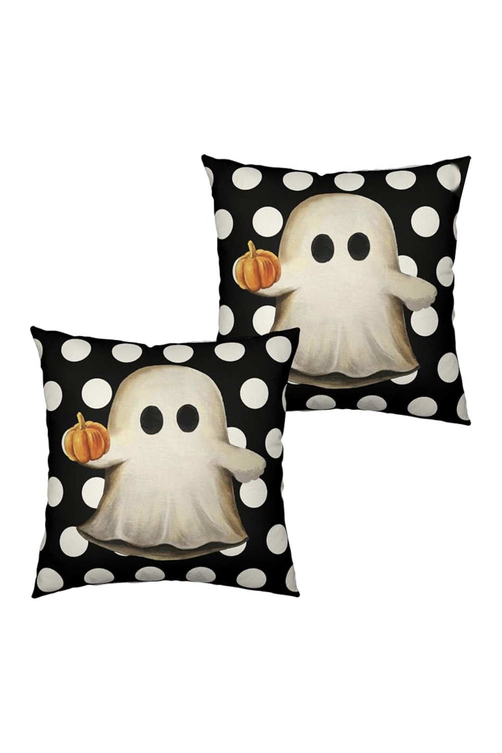 Pair of black polka dot Halloween throw pillow covers with a ghost holding a pumpkin