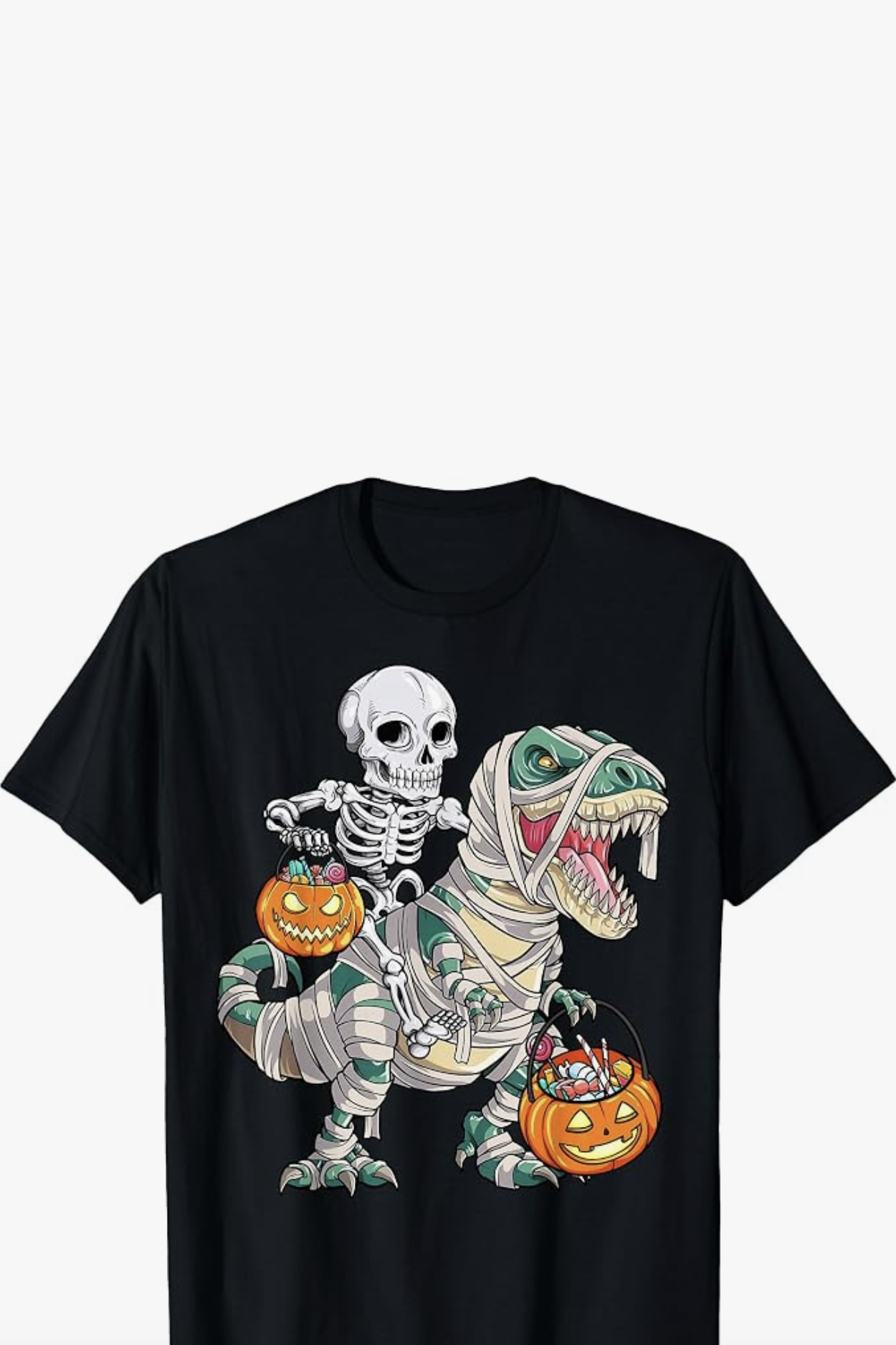 Skeleton riding mummy T-rex Halloween T-shirt