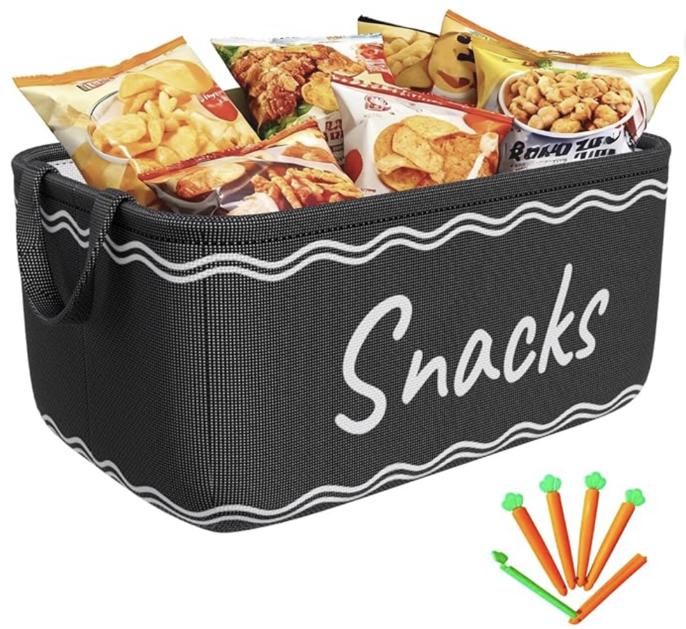 Black fabric snack bin with handles filled with chip bags and bag clips