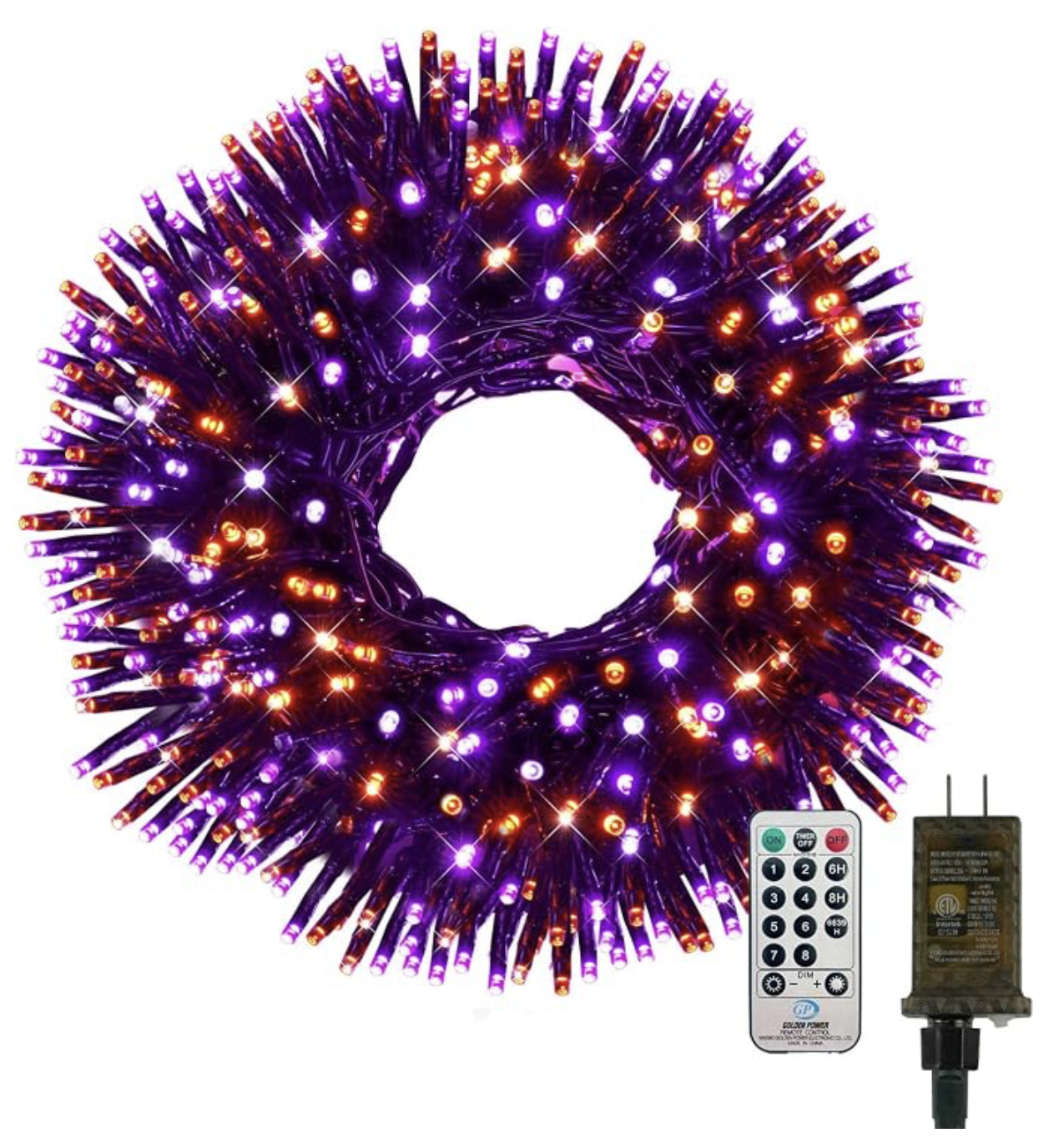 Orange and purple Halloween string lights with remote