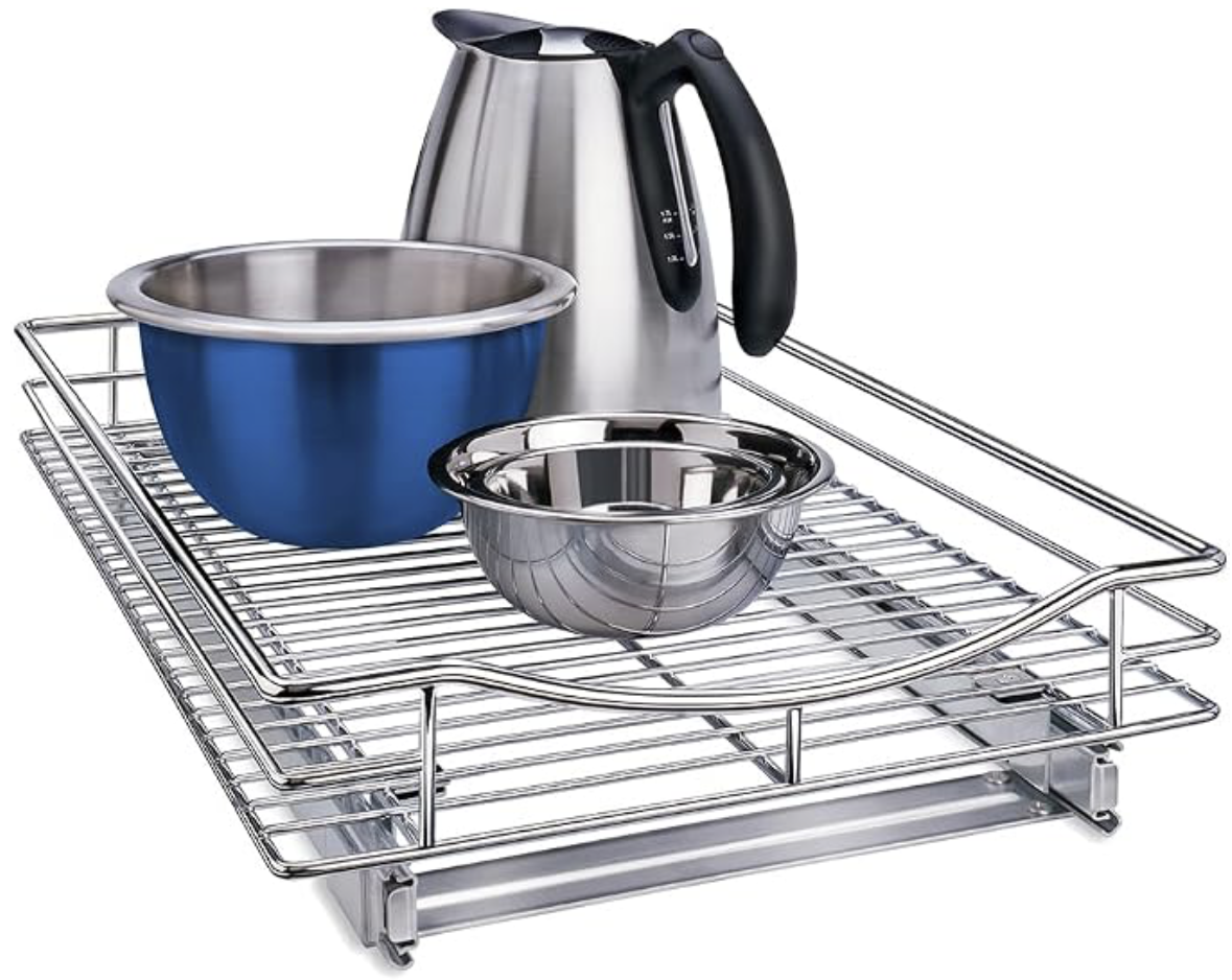 Chrome pull-out pantry shelf organizer holding mixing bowls and a kettle