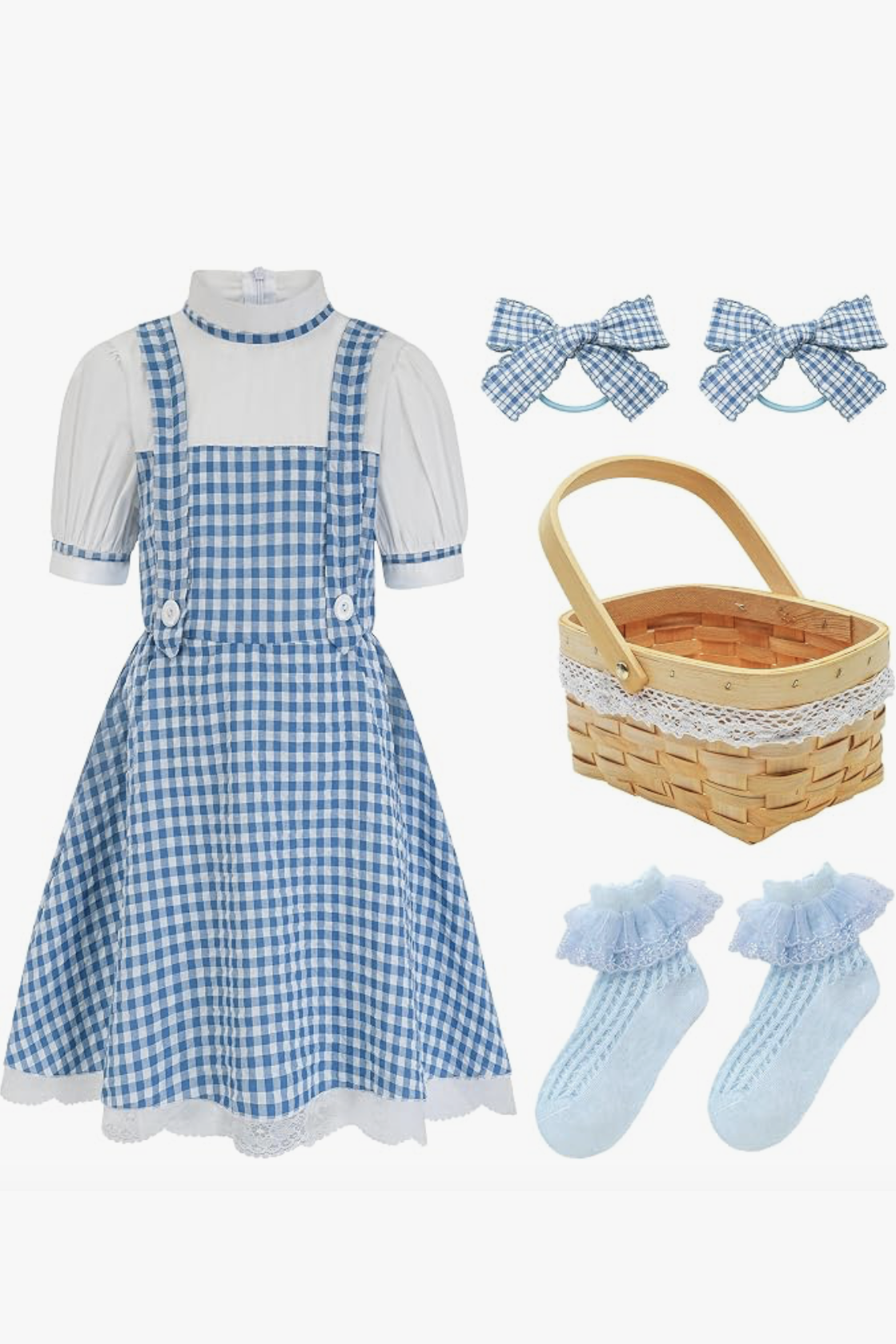 Storybook character costume with basket, hair bows and socks