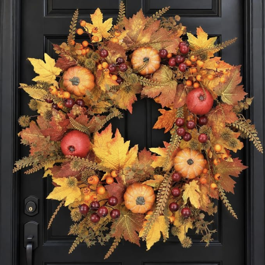 Fall maple leaf and pumpkin door wreath