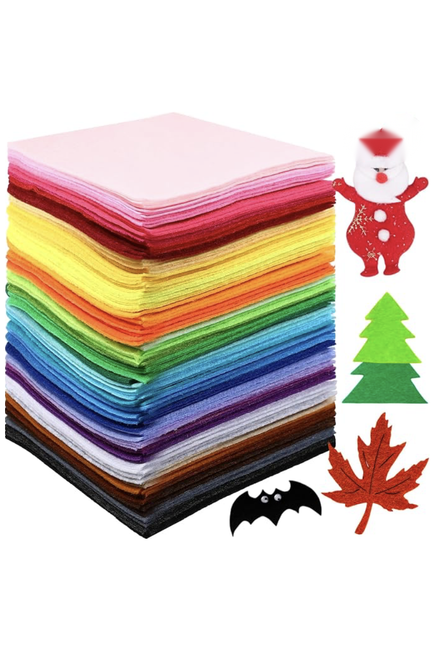 Assorted colorful felt sheets with felt craft shapes