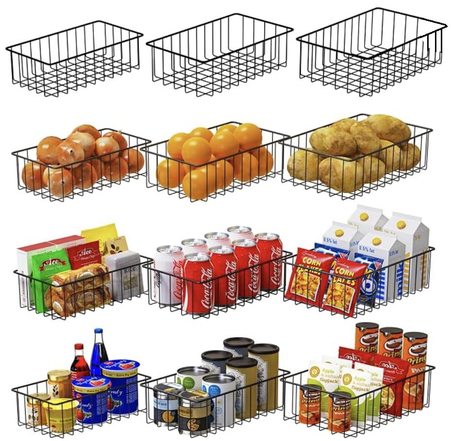 Set of black wire storage baskets holding pantry items like snacks, cans, and produce