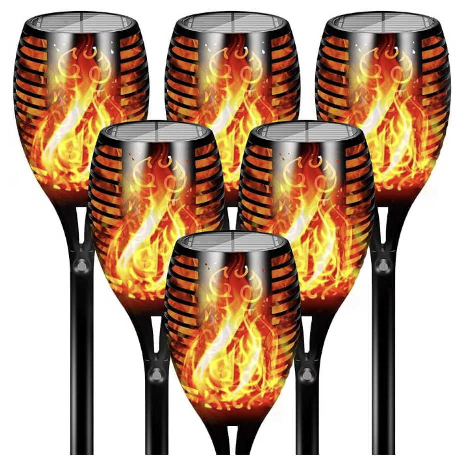 Solar-powered flickering flame torch pathway lights