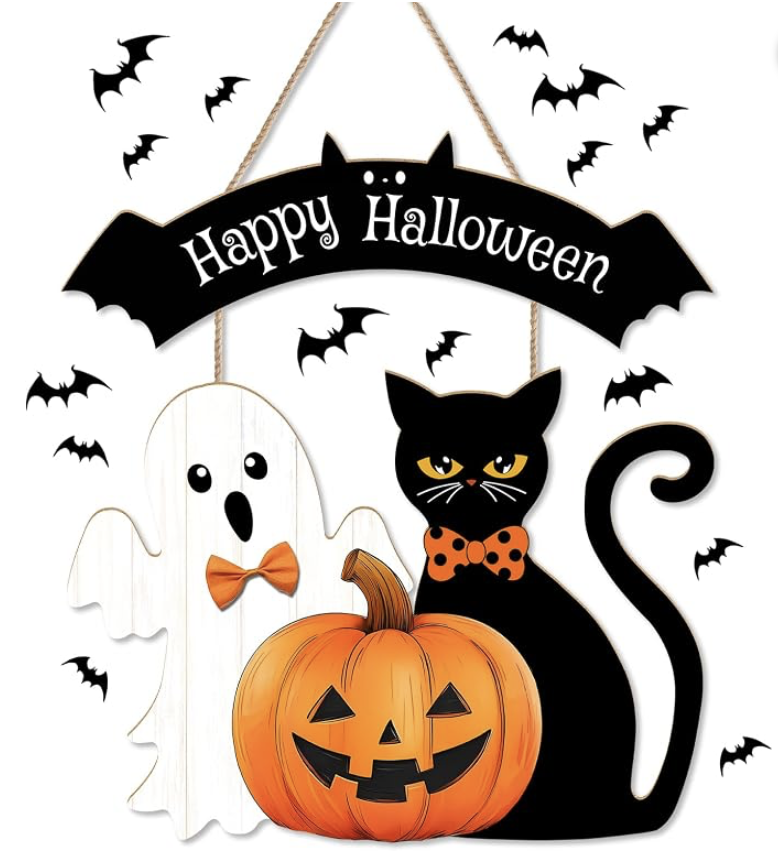 Happy Halloween wooden door sign with ghost, black cat and pumpkin