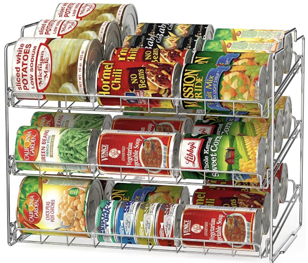 Three-tier chrome can storage rack filled with canned goods