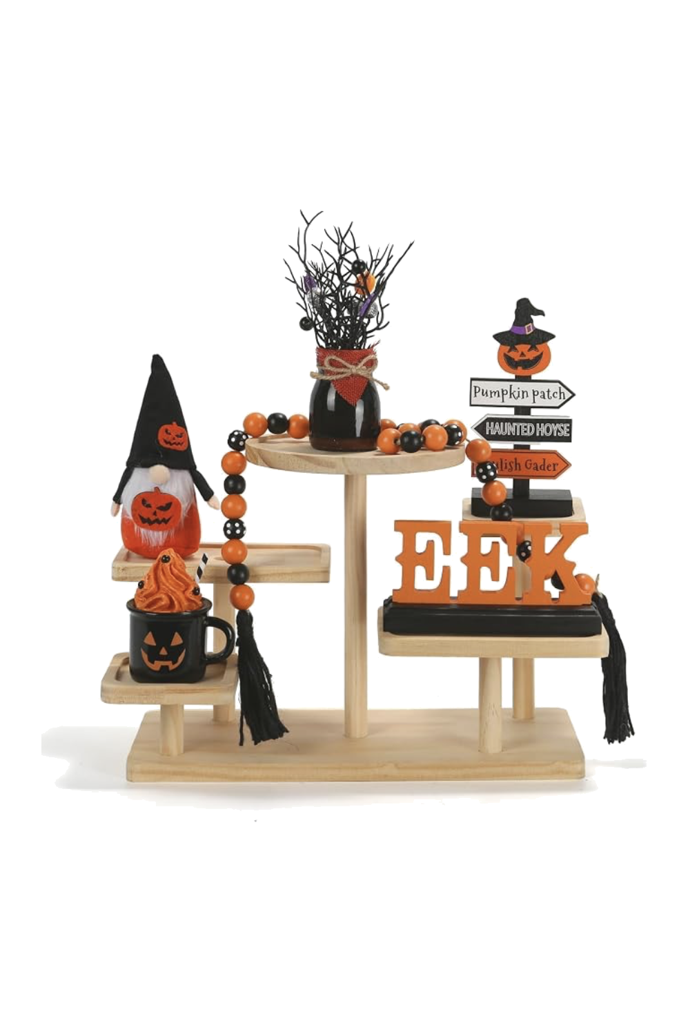 Halloween tiered tray decor set with EEK letters, gnome, pumpkin sign, and beaded garland