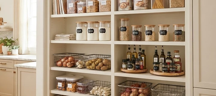 Organized kitchen pantry with clear bins, canisters, and pantry organizers