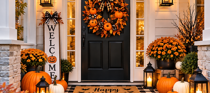 Festive Halloween front porch featuring a pumpkin wreath, glowing lanterns, orange and white pumpkins, autumn flowers, and a Halloween welcome mat.