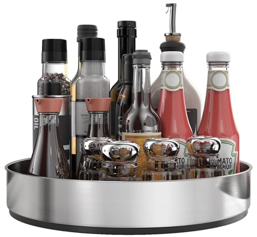 Stainless steel lazy Susan turntable holding oil, sauce, and condiment bottles