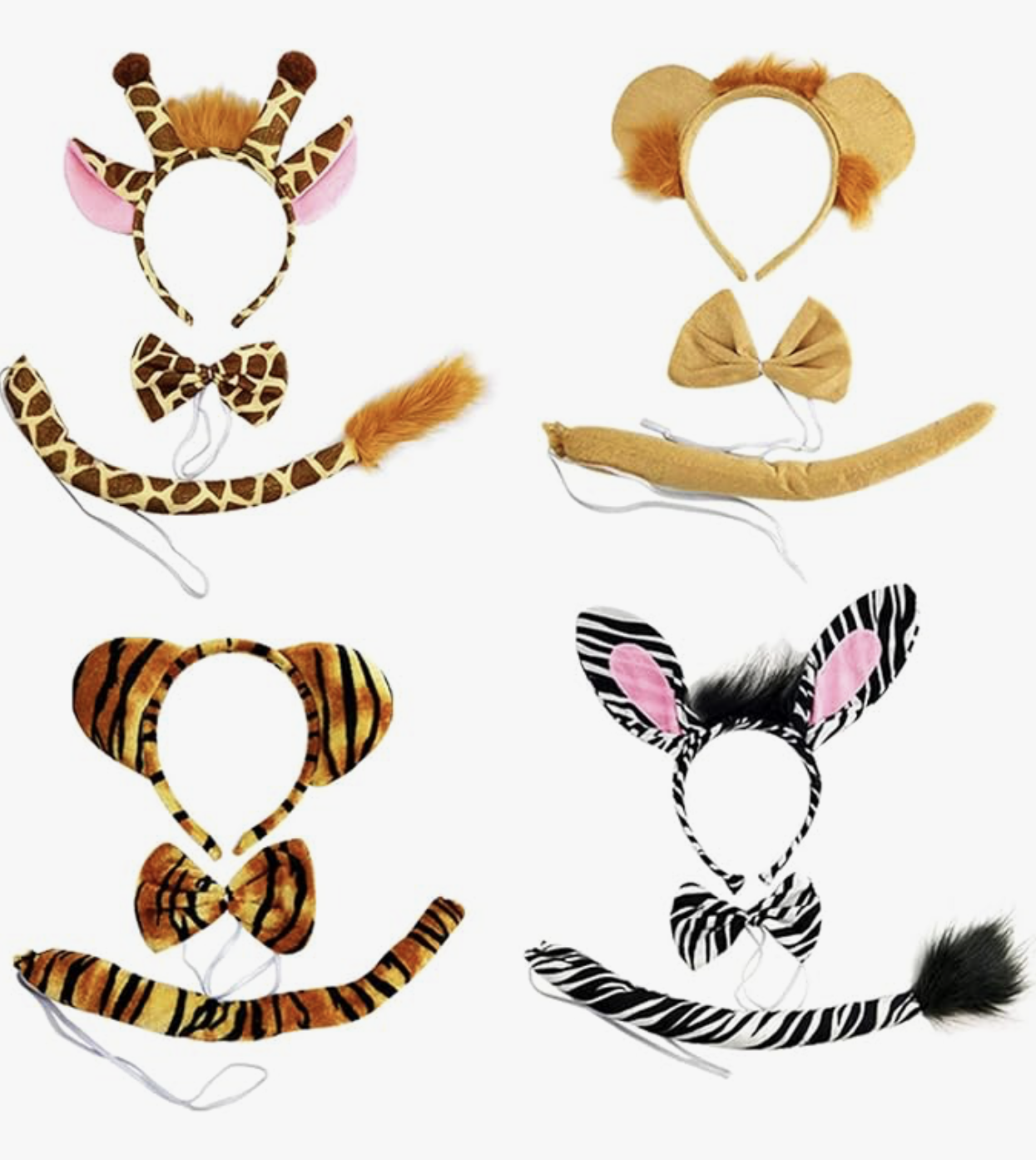 Zoo animal headband, bow tie and tail costume sets
