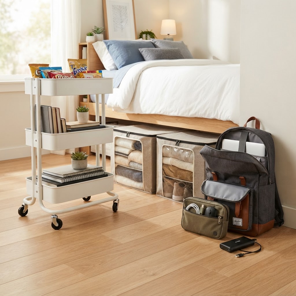 College dorm organization essentials laid out neatly