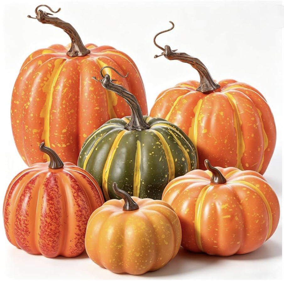 Set of six decorative orange and green pumpkins