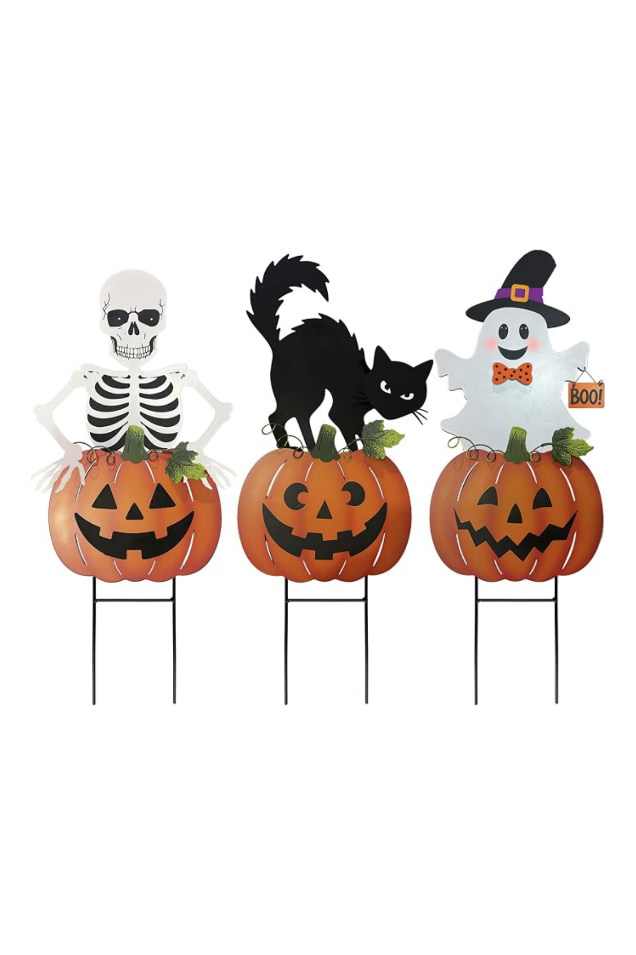 Halloween yard stakes with a skeleton, black cat, and ghost on jack-o-lantern pumpkins