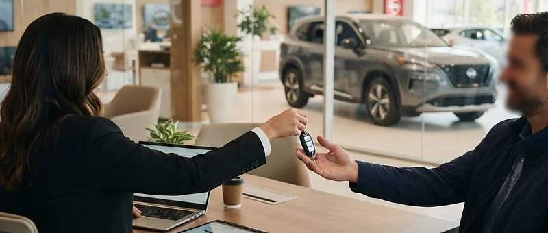 Client recevant les clés d'un Nissan financé chez Nissan Saint-Nicolas