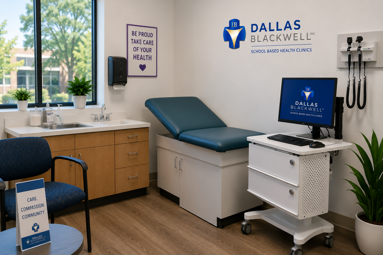 A school-based health clinic examination room