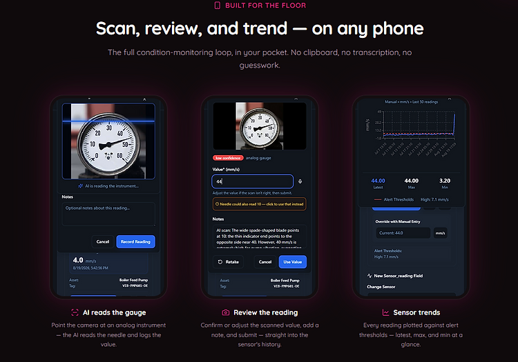 RelOnion mobile condition monitoring — AI scans an analog gauge, reviews the reading, and plots sensor trends against alarm thresholds