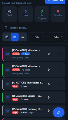 RelOnion CMMS mobile work order list with priority filters status badges and timers for maintenance task management