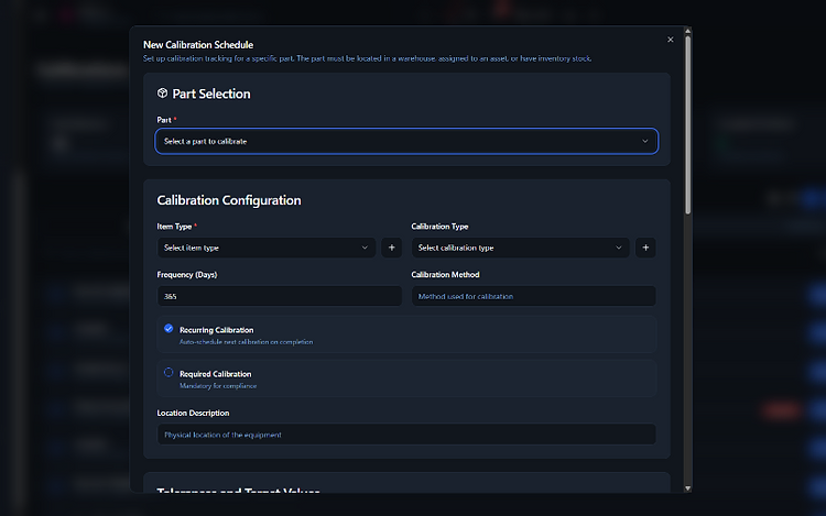 RelOnion — New Calibration Schedule form