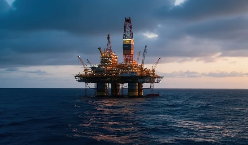 Offshore oil rig at dusk