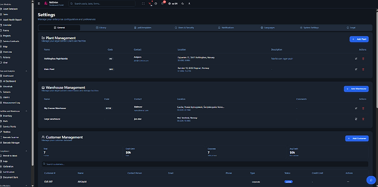 Enterprise settings — plants, warehouses, customers